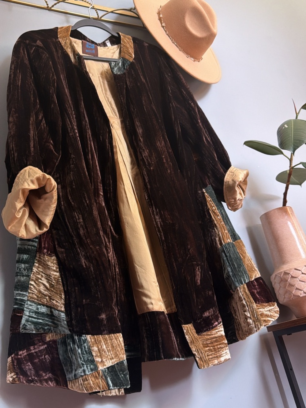 Velvet Patchwork Swing Coat in Chocolate and Gold